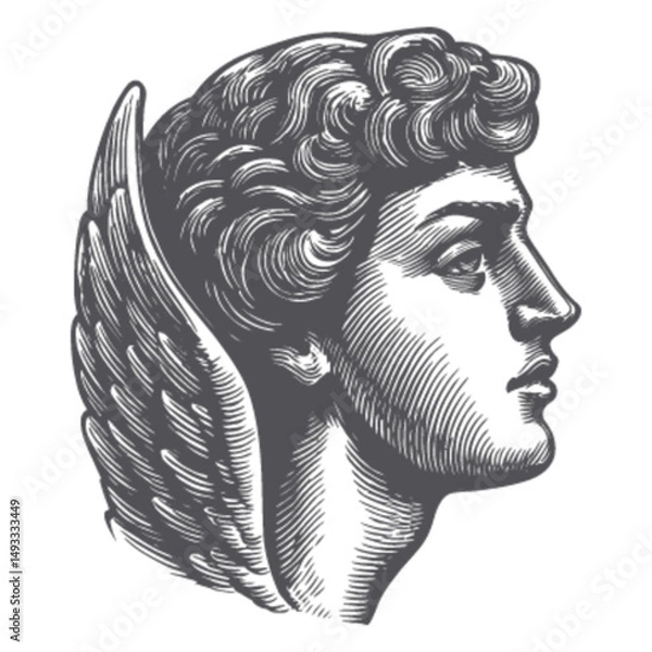 Obraz Elegant Angel Head Engraving with Detailed Wings and Facial Features