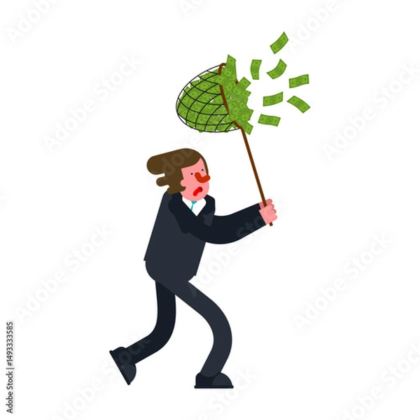 Obraz BusinessMan catches money with Butterfly net . Concept of catching money. Getting rich and increasing finances.