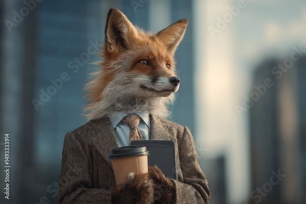 Obraz fox in a business suit holding coffee and tablet, urban background, funny concept