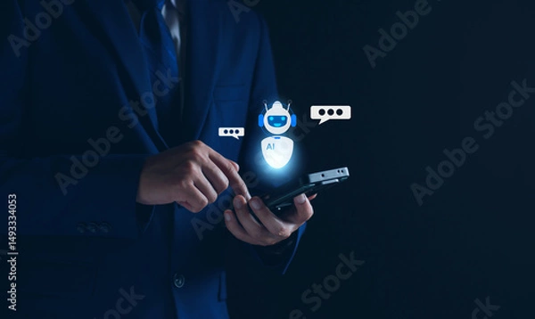 Obraz Chatbot concept with AI, Artificial Intelligence. businessman using technology smart robot, enter command prompt, contact for business information analysis, Futuristic tech transformation.