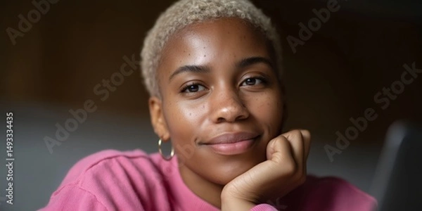 Fototapeta Portrait of a student with buzzcut in thoughtful expression