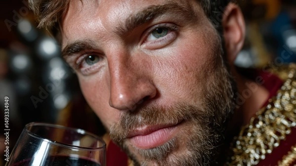Fototapeta Medieval knight mistakenly enjoying potion as alcohol in festive setting