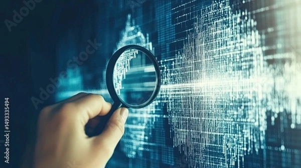 Fototapeta Female entrepreneurs use magnifying glass to search stock market shares, economic growth, business strategy development. on blue hologram background.