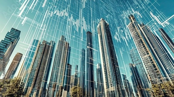 Fototapeta Image of financial data processing over cityscape. Global business, finance, transparent background