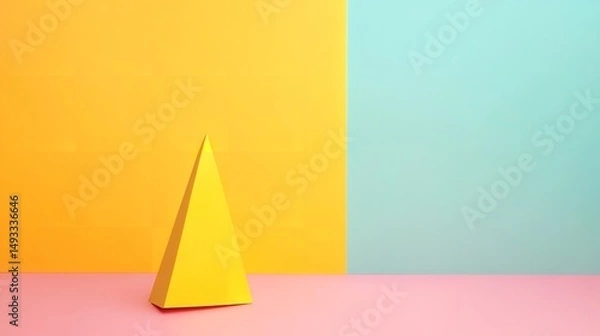 Obraz Abstract Yellow Pyramid Minimalist Geometric Shape Pastel Pink Blue Background Modern Design Simple Elegant Triangle    