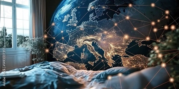 Obraz Night planet Earth from space with light lines of communication and connection. Global communication system.