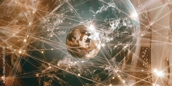 Fototapeta Night planet Earth from space with light lines of communication and connection. Global communication system.