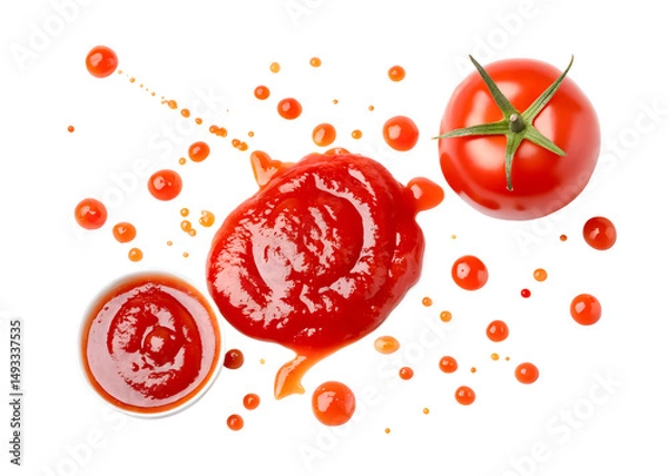 Fototapeta Top view set of tomato fruit with tomato sauce or ketchup splashing isolated on white background and generated with AI