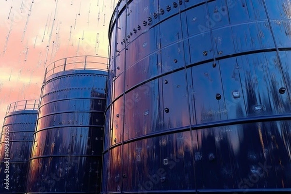 Fototapeta Oil storage tanks with financial charts symbolizing market dynamics in the oil sector. transparent background
