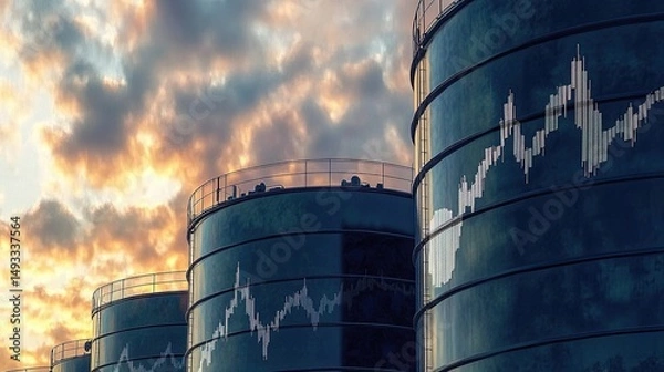Fototapeta Oil storage tanks with financial charts symbolizing market dynamics in the oil sector. transparent background