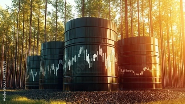 Fototapeta Oil storage tanks with financial charts symbolizing market dynamics in the oil sector. transparent background