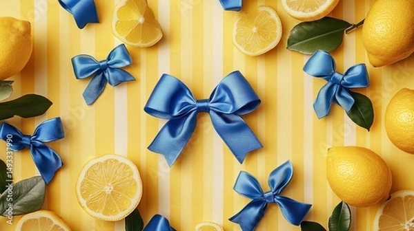 Obraz Bright Yellow Lemons Blue Satin Bows Festive Summer Citrus Fruit Background Pattern Design food ripe tart gift fresh    