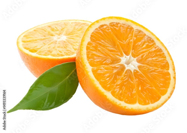 Fototapeta A heap of ripe orange fruit in two halves with green leaf in stack isolated on white background and generated with AI