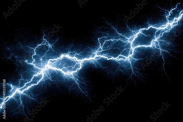 Obraz Powerful electric blue lightning bolt illuminates dark sky, showcasing raw energy and dynamic movement of thunderstorm. jagged lines create dramatic and intense visual