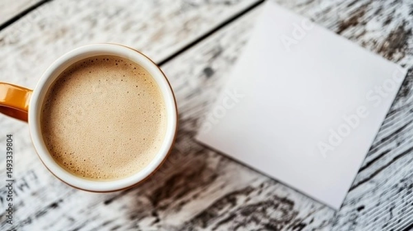 Obraz Warm Coffee in Orange Mug on Rustic Wooden Table with Blank Note Hot Top Cozy Foam Life View Cafe Food Home Work Drink  