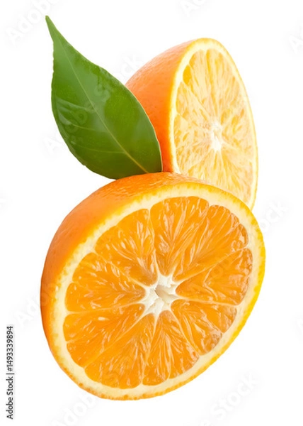 Fototapeta A heap of ripe orange fruit in two halves with green leaf in stack isolated and generated with AI in png file format