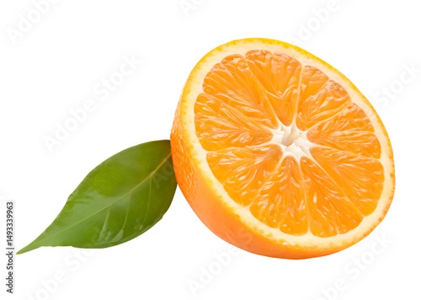 Fototapeta A half of ripe orange fruit with green leaf isolated on white background. with clipping path and generated with AI