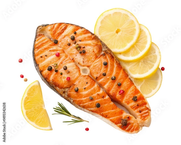 Fototapeta Top view set of grilled salmon meat or salmon steak with yellow lemon slices and spices isolated on white background with clipping path and generated with AI