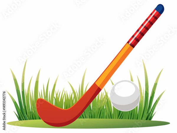 Fototapeta A field hockey stick with a white ball at the tip. White background, grass sport illustration