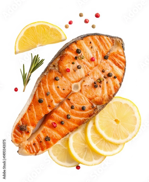 Fototapeta Top view set of grilled salmon meat or salmon steak with yellow lemon slices and spices isolated and generated with AI in png file format