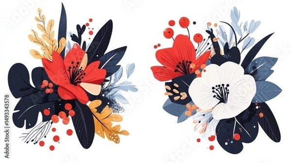 Obraz Elegant Floral Arrangements Red White Flowers Botanical Illustration Artistic Design Nature Inspired Pretty Summer      