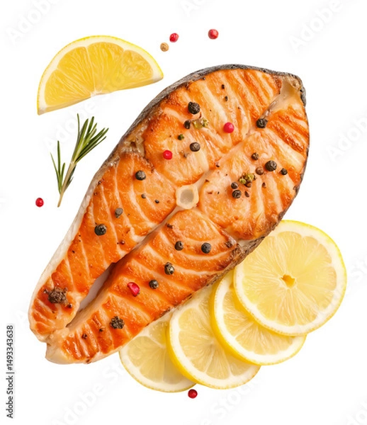 Fototapeta Top view set of grilled salmon meat or salmon steak with yellow lemon slices and spices isolated on white background with clipping path and generated with AI