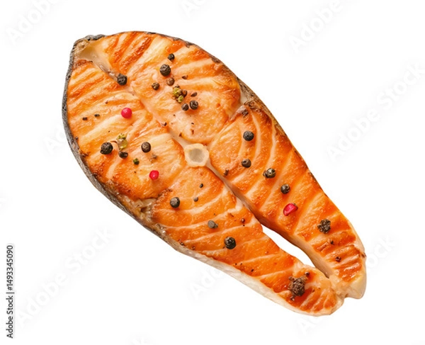 Fototapeta Top view of grilled salmon meat or salmon steak with spices isolated on white background with clipping path and generated with AI