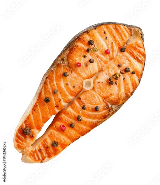 Fototapeta Top view of grilled salmon meat or salmon steak with spices isolated on white background with clipping path and generated with AI