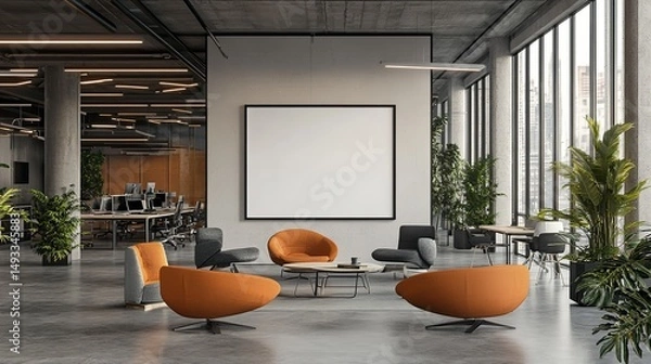 Obraz Modern Office Lounge Interior Design with Orange Armchairs Large Blank Canvas Wall Minimalist Workspace Contemporary    