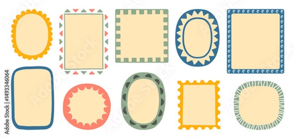 Fototapeta Collection of hand-drawn decorative frames with tribal and geometric elements, ideal for tropical design, labels, cards, stickers, and kids projects.