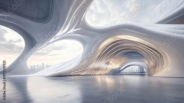 Obraz Abstract Modern Architectural Design White Smooth Curves Futuristic Building Interior Space Cityscape View Luxury       