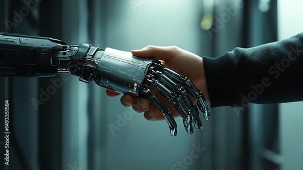 Obraz Human Handshaking Robotic Arm Futuristic Technology Advanced AI Artificial Intelligence Metal Digital Modern Concept    
