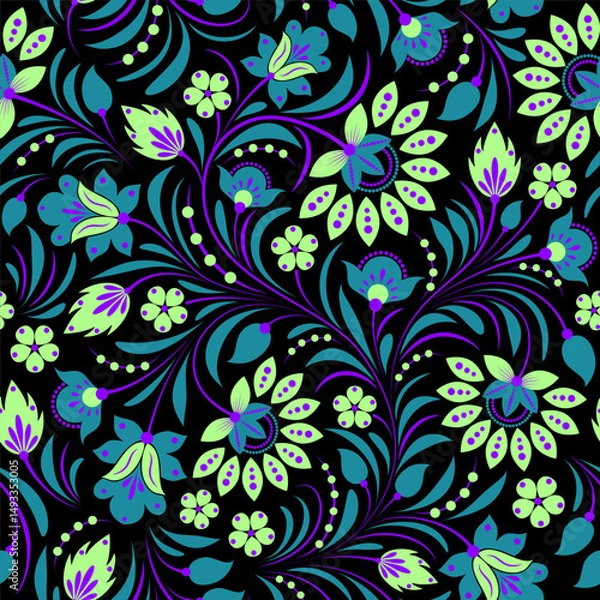 Fototapeta Seamless pattern of stylized flowers and leaves