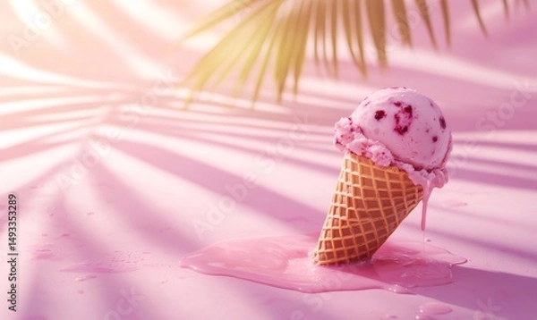 Fototapeta Refreshing strawberry ice cream cone melting on a vibrant pink surface under a palm tree leaf, creating a summery scene