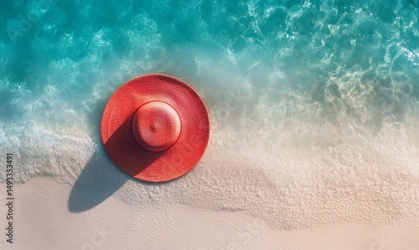 Fototapeta Summer vacation concept with red straw hat lying on the shoreline of a beautiful tropical beach with turquoise water gently lapping the white sand
