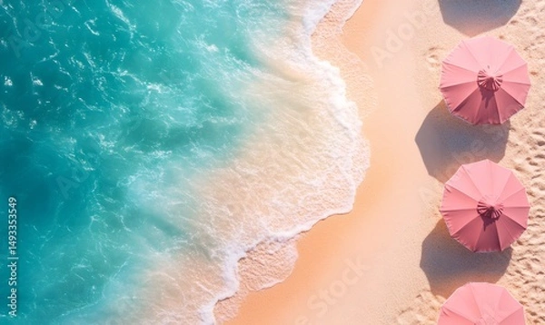 Fototapeta Aerial view of a tranquil beach featuring pink umbrellas and gentle turquoise waves lapping the sandy shore, creating a relaxing summer vibe