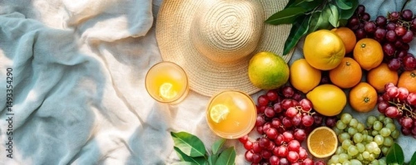 Fototapeta Sunlit picnic setting with a straw hat, fresh oranges, grapes, and citrus juice on a textured fabric. Perfect for summer and healthy living themes