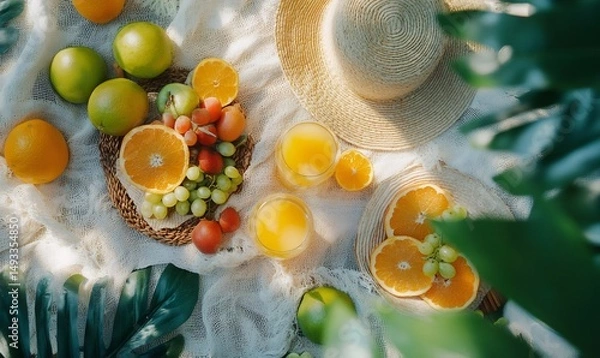 Fototapeta Summer picnic setting featuring fresh fruit, juice, and straw hats on a blanket, creating a vibrant and refreshing scene