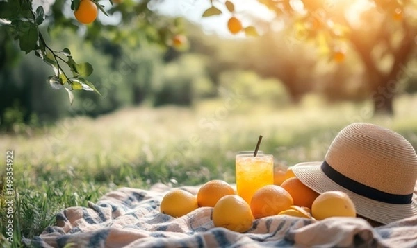 Fototapeta Sunlit picnic scene featuring fresh oranges, a refreshing glass of juice, and a straw hat on a blanket in a lush green meadow