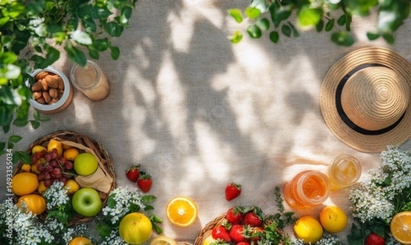 Fototapeta Colorful picnic scene featuring fresh fruits, juice, and flowers on a textured surface. Summer vibes with natural light and greenery framing the setting