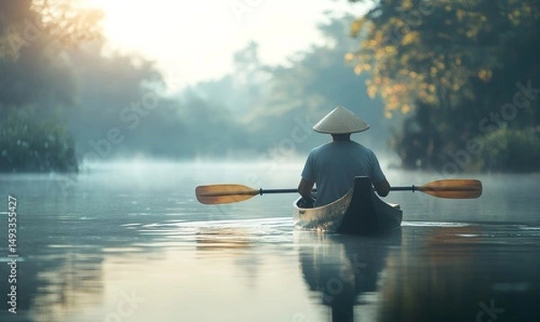 Fototapeta Vietnamese man wearing a conical hat, rowing a canoe on a river at sunrise, surrounded by a serene and peaceful landscape