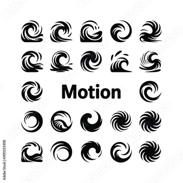 Fototapeta Wave and Swirl Motion Icon Set with Dynamic Circular and Water Movement Symbols
