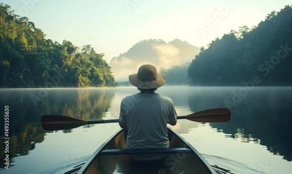 Fototapeta Person in a hat navigating a canoe on a serene lake surrounded by lush forests and misty mountains at dawn, embracing nature's tranquility