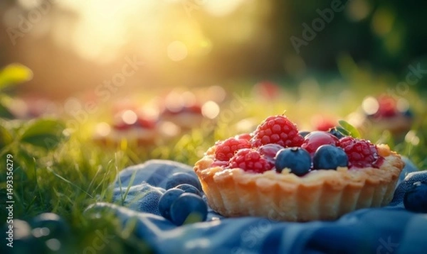 Fototapeta Small berry tart resting on a picnic blanket in the grass during golden hour, creating a warm and inviting scene