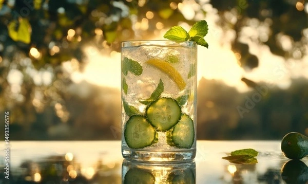 Fototapeta Refreshing cocktail garnished with lemon slices, cucumber, and mint leaves, set against a sunlit background, evoking a sense of summer relaxation