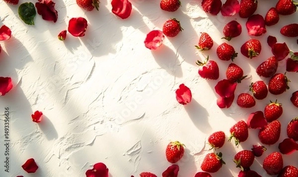 Fototapeta Vibrant strawberries and scattered rose petals create a striking contrast against a textured white background, capturing a sense of natural beauty