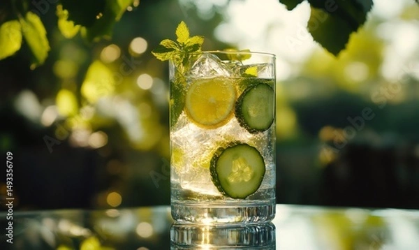 Fototapeta Refreshing glass of iced water infused with lemon and cucumber slices, garnished with mint, set against a sunlit, leafy background