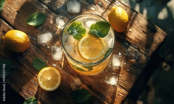 Fototapeta Chilled lemonade garnished with fresh mint and lemon slices, surrounded by ice cubes and whole lemons on a sunlit wooden surface