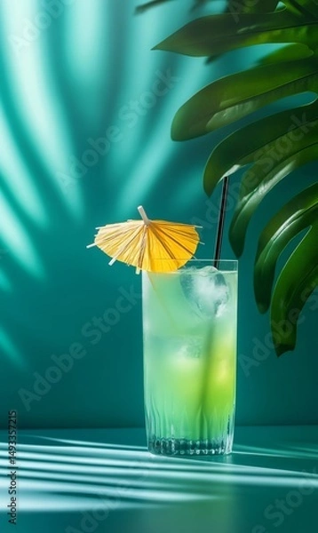 Fototapeta Tropical cocktail with ice, straw and paper umbrella near monstera leaf, creating refreshing summer vibes on a turquoise background with beautiful shadows