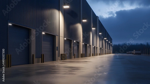 Fototapeta Night view of warehouse with illuminated loading bay doors and wet pavement under cloudy sky, creating calm and quiet industrial atmosphere